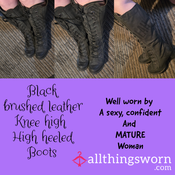 Black Brushed Leather, Knee-high Boots. Worn By A Mature BBW