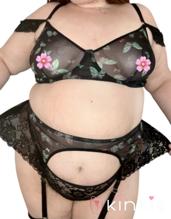 🦋 Black Bu*terfly Print Lacy Lingerie Set With Garter Belt And Thong 🦋