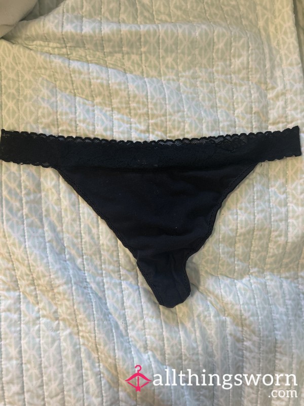Black Cotton And Lace Thong Panty - 1x