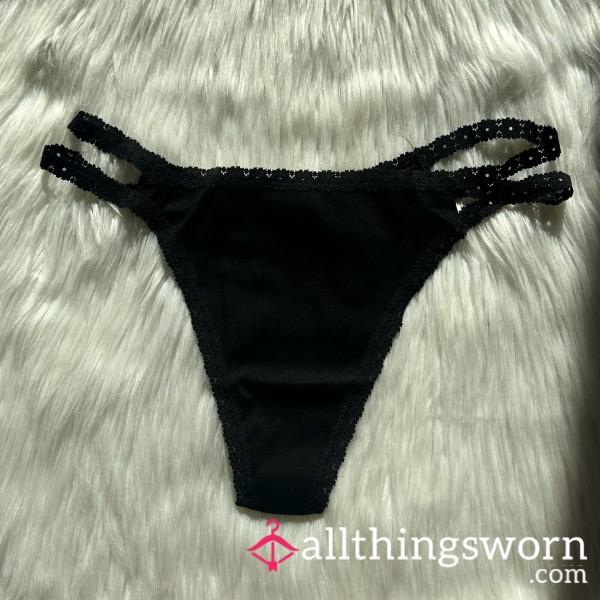 Black Cotton Double Strap Thong