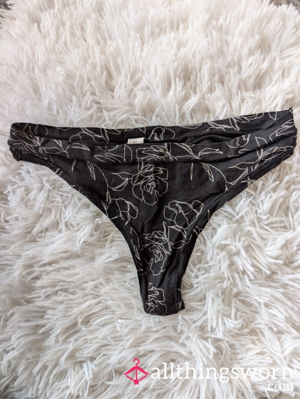 Black Cotton Flor*l Pattern Thong