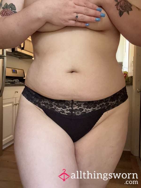 Black Cotton Lacy Thong