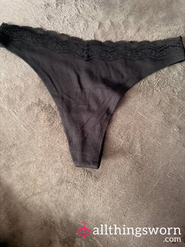 Black Cotton Ribbed Thong Lace Waist Band