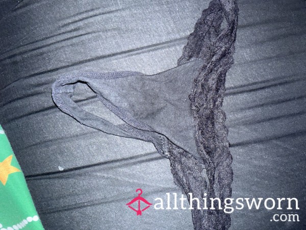 Black Cotton Thong- Lace Trim