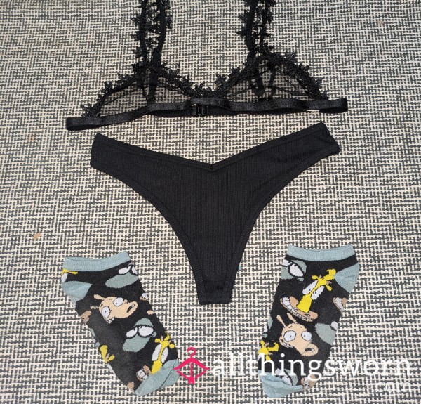 Black Cotton Thong , Sock , Bralette Combo Bundle Set 🖤