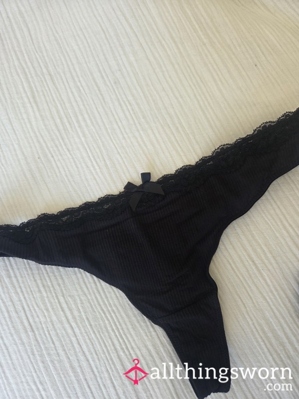 Black Cotton Thong With Lace