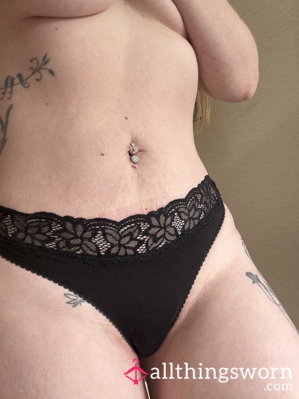 Black Cotton Thong With Lace Trim