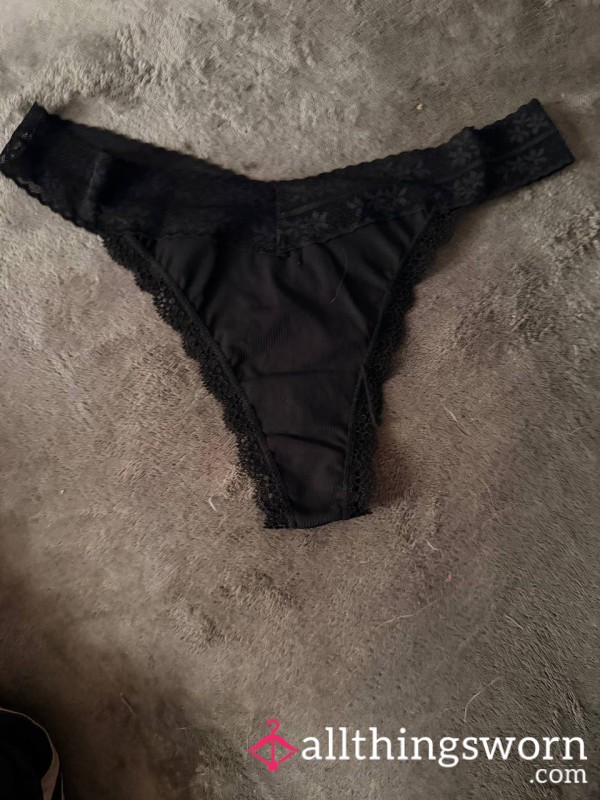 Black Cotton Thong With Lace Waist Band
