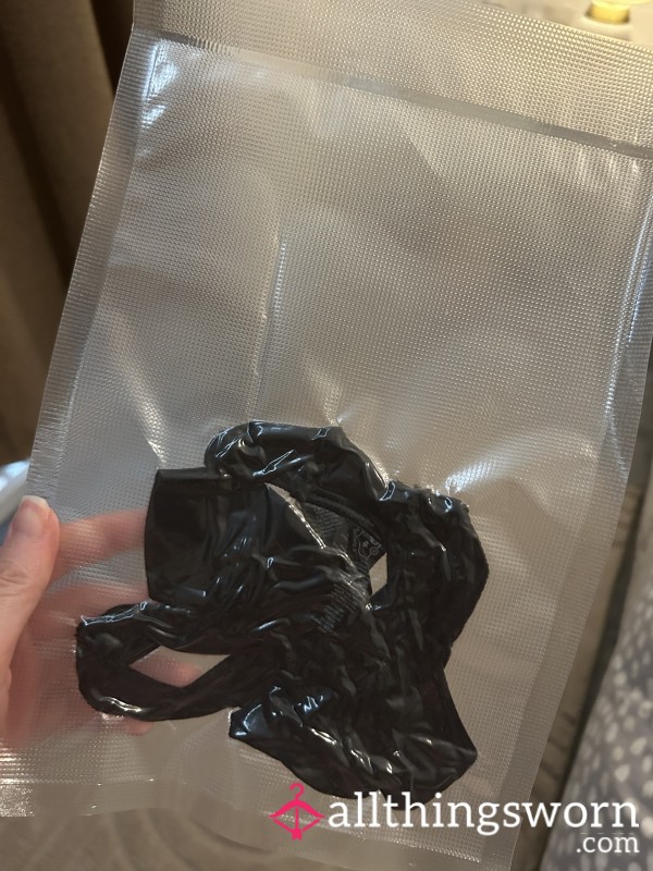 Black Cotton Thong Worn For 24 Hours Visible Discharge Stains ~ Ready To Post 🚚📮