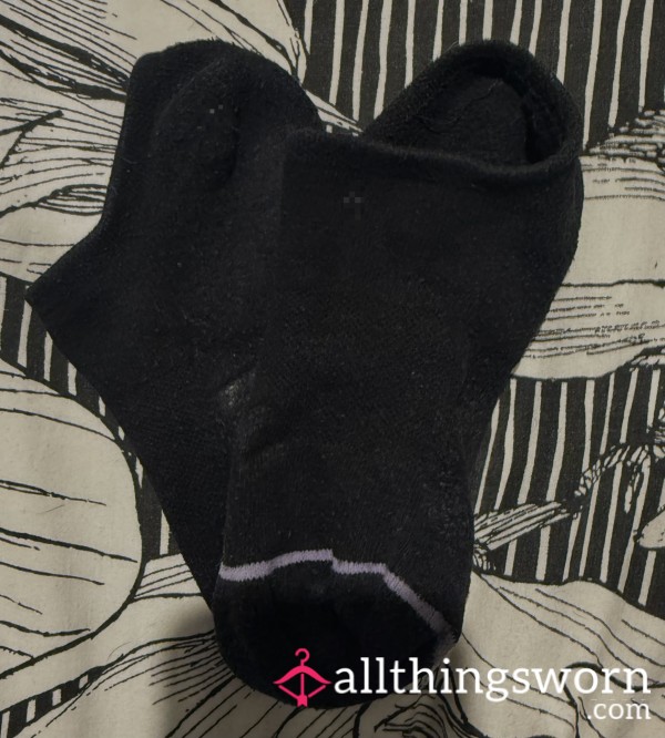 Black Crew Length Socks With Purple Stripe