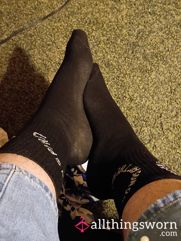 Black Crew Socks With White Text