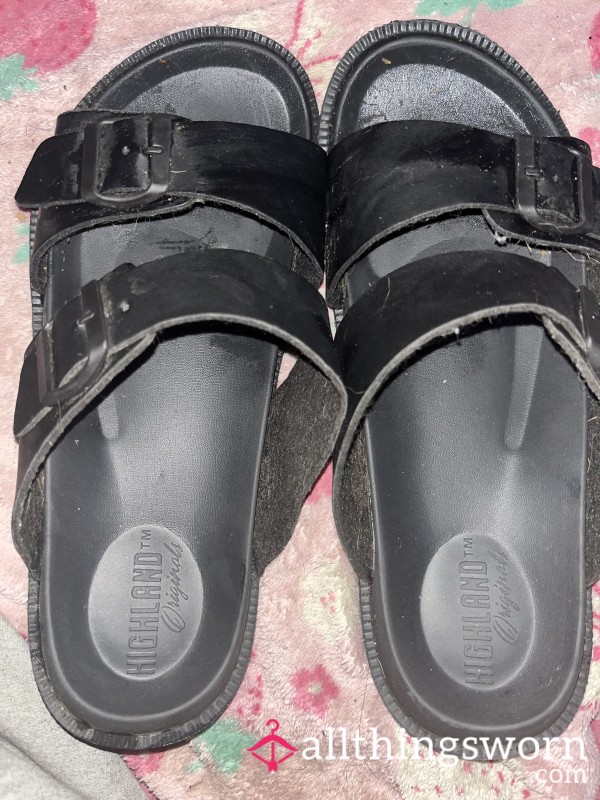 Black Double-Strap Buckle Slide Sandals