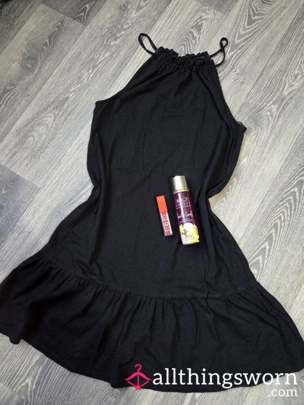 BLACK DRESS UP TO SIZE L +PERFUME AND RED LIPGLOSS