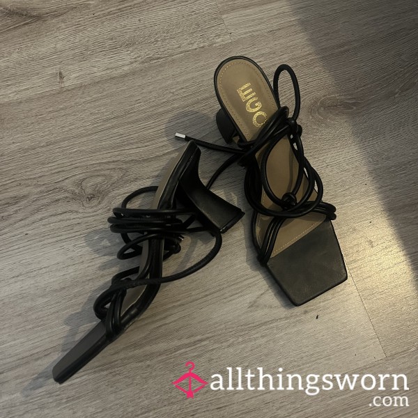 Black Ego Strappy Heels - Low Heel