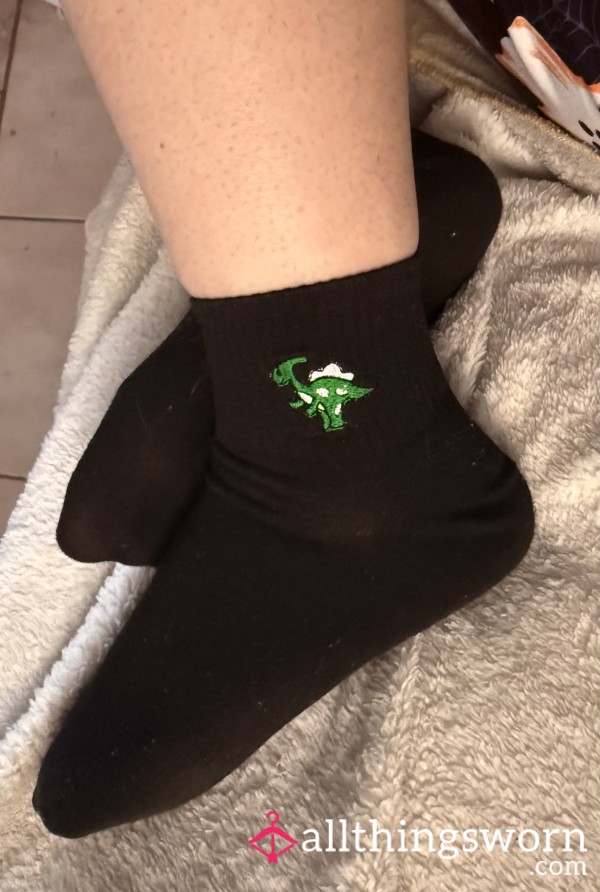 Black Embroidered Dinosaur Socks