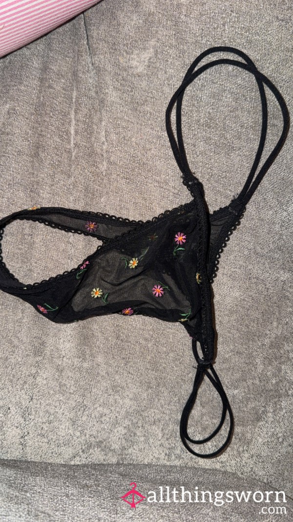 Black Embroidered Flower Thong
