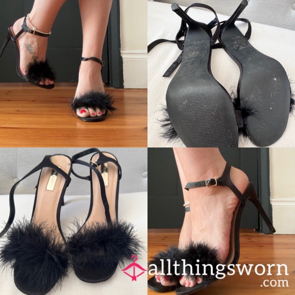 Black Feather Strappy Heels
