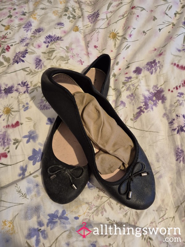 Black Flat Ballerina Style Shoes Including Worn Footsies