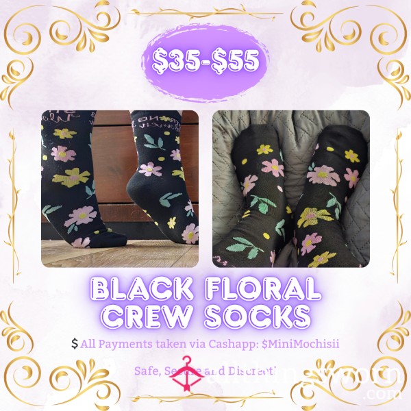Black Flor*l Crew Socks