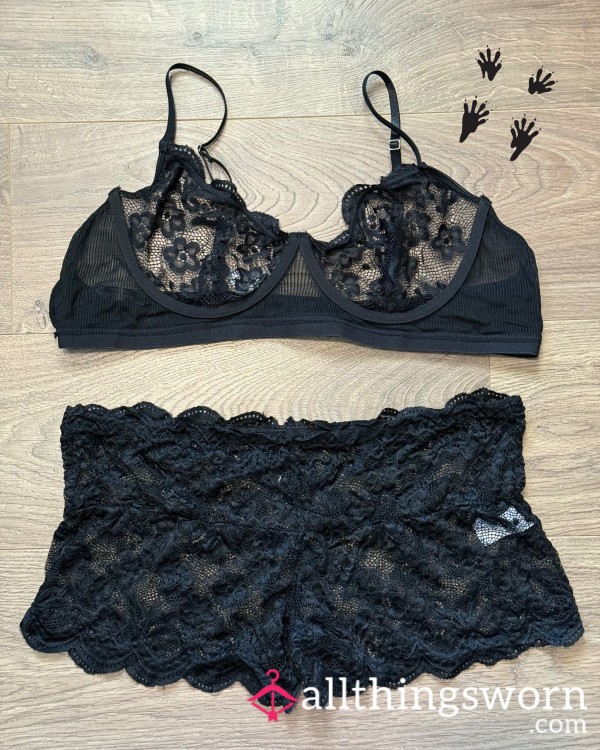 Black Flor*l Lace Bra Top And Boy Short Set, XXL, For Custom Wear