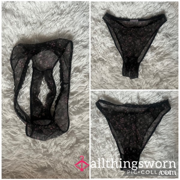 Black Flor*l Mesh Crotchless Panty