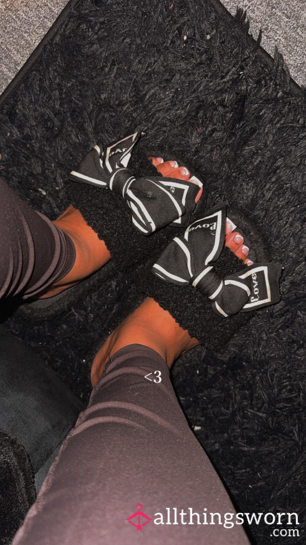 Black Fluffy Bow Slippers