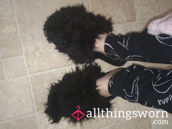 Black Fluffy Slippers Very Worn 🖤