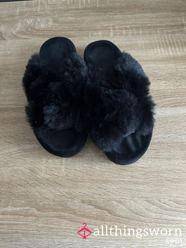 Black Fluffy Slippers- Well Worn