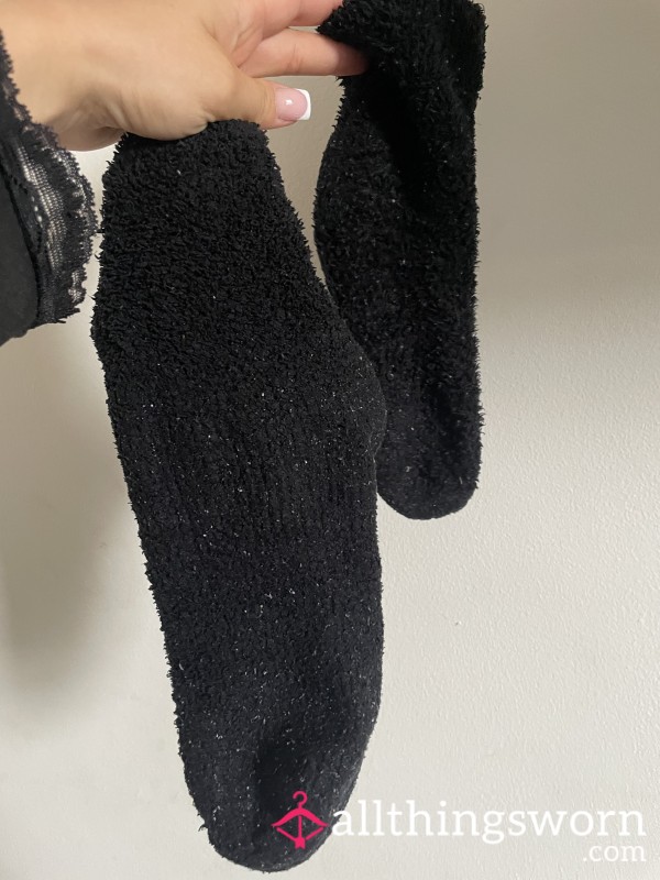 Black Fluffy Socks – Cozy, Really Used With A Small Hole