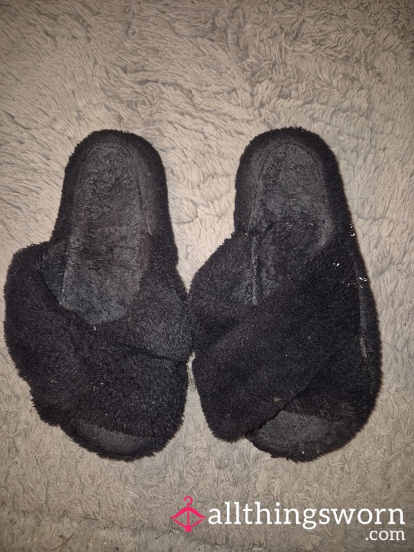 Black Fluffy Well Worn Slippers