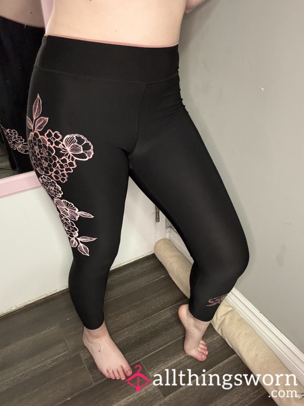 Black Gym Tights With Pink Flower Designs