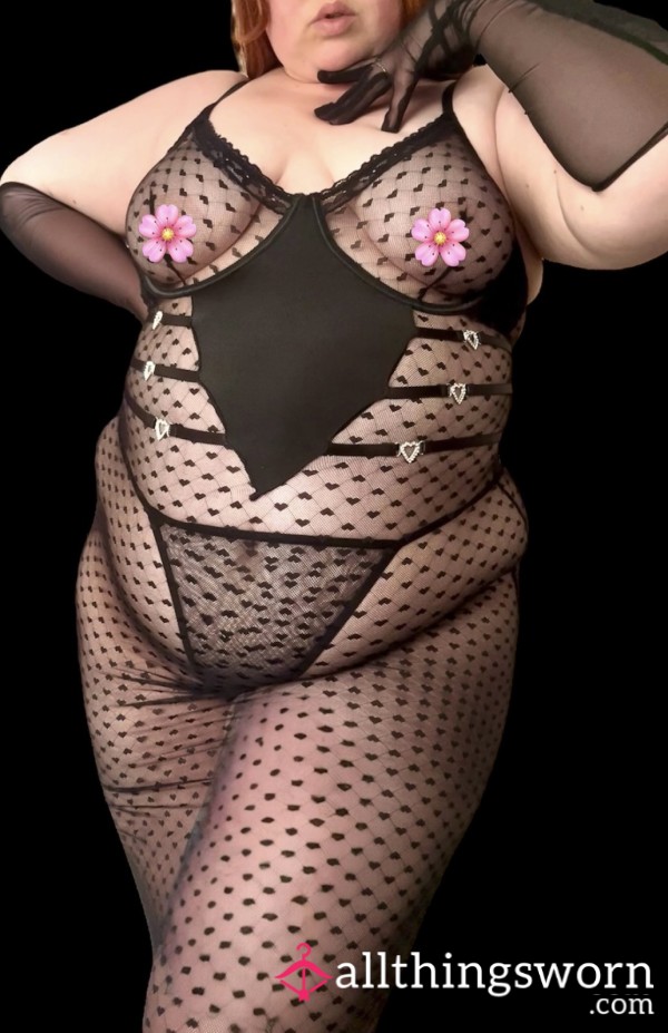 🖤 Black Heart Mesh Dress, G String & Gloves Plus Size Lingerie Set 🖤