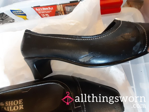 Black Heeled Slip On Shoes Well Worn And Battered, Size 6 UK