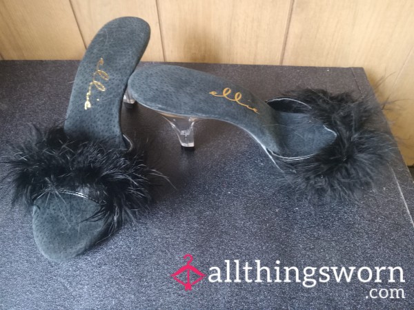 Black Heels With Marabou Trim - Size 6