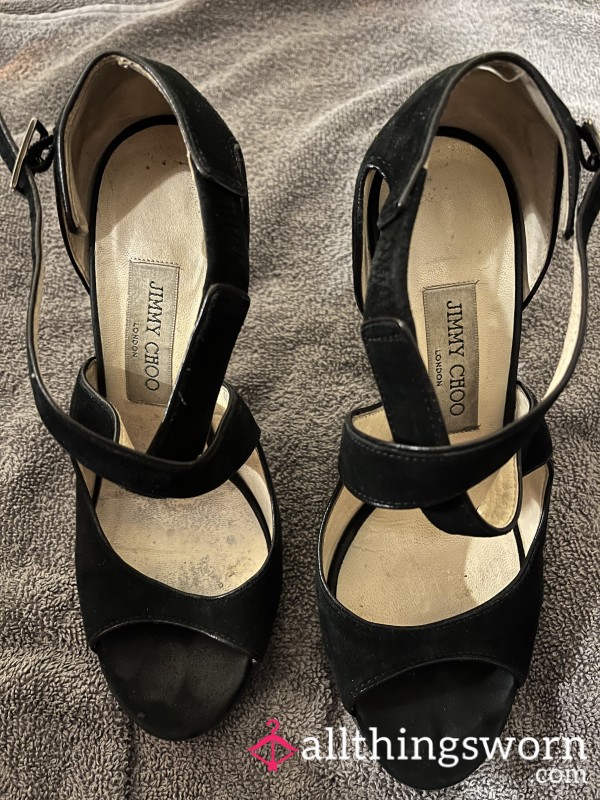 Black Jimmy Choo Strappy Sandals. Very Feminime And Very S**y On. Well Worn But Looked After. Size 4 1/2