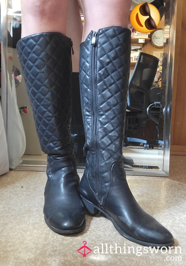 Black, Knee High, Synthetic Leather Boots - Size 12 Women - Small Stacked Heel