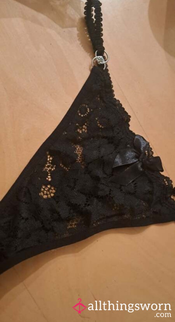Black Lace Bow Thong Panties Cotton Gusset