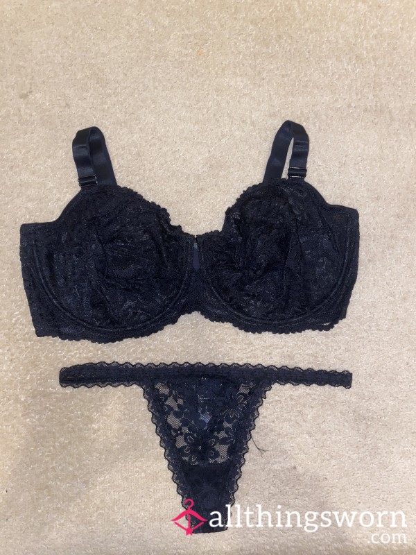 Black Lace Bra & G-String Set – Size 38E – Worn Matching Lingerie Set 🖤