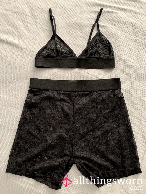 Black Lace Bralette Set With Lace Shorts