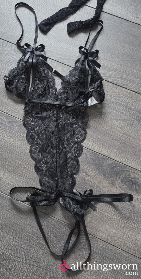 Black Lace Cut Out Crotchless Teddy Bodysuit