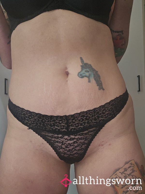 Black Lace Flower Thongs Well Worn