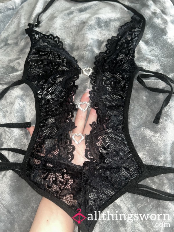 Black Lace Lingerie With Diamond Heart Accent