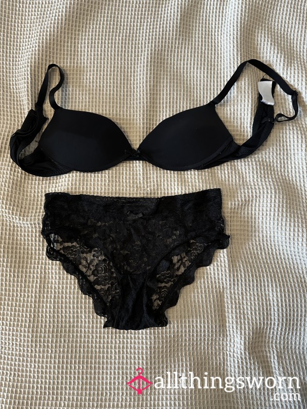 Black Lace Panties And Bra Set, Worn For 24 Hours
