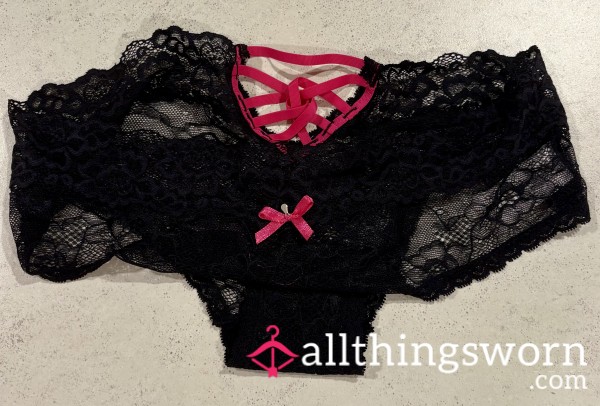 Black Lace Panties With Red Bow And Lace Up Back