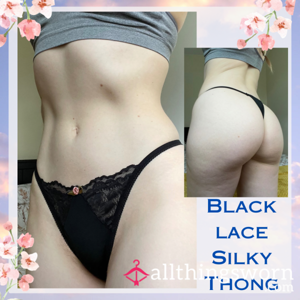 Black Lace Silky Thong ⚜️ Size Small▪️1 Day Wear - £20. Longer Wears And International Shipping Available 🌎