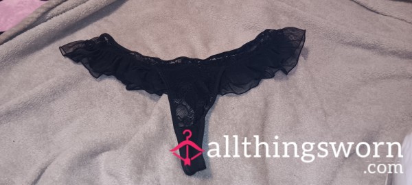 Black Lace Thong W/ Frilly Wasteband Size- L