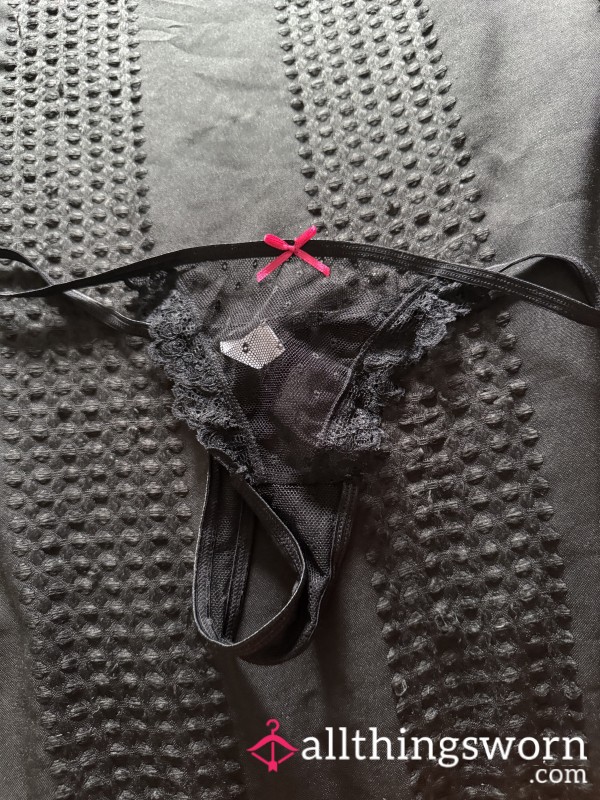Black Lace Thong With Pink Bow