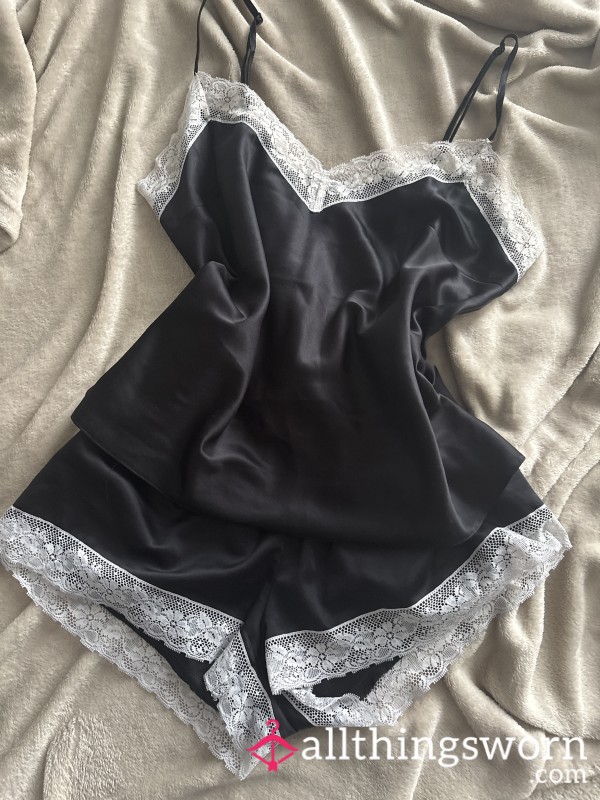 Black Lace Trim Silk Satin Pjs Lingerie Top Shorts S**y Used Worn Size 12 Uk Womens