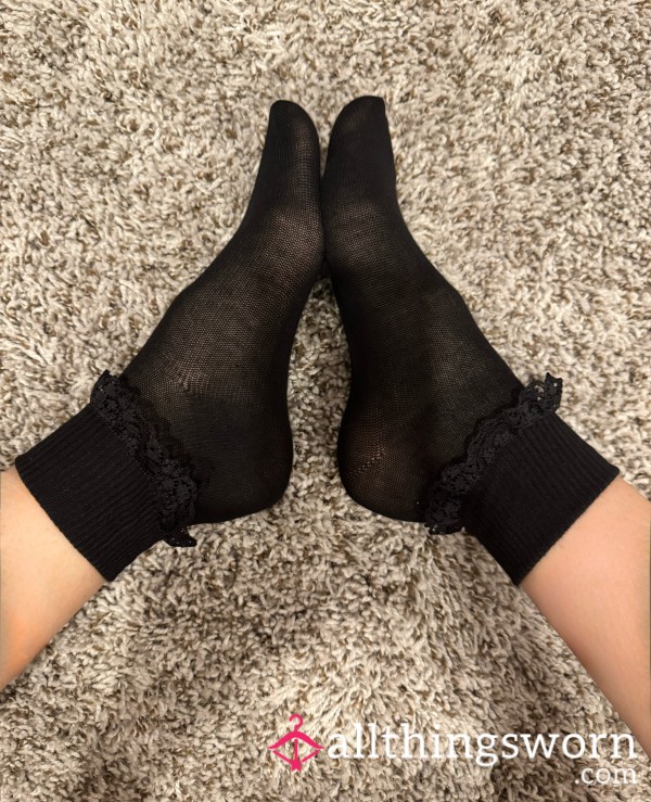 Black Lace Trim Unwashed Socks Size Small.  Used For Post On (OF) Fans Page