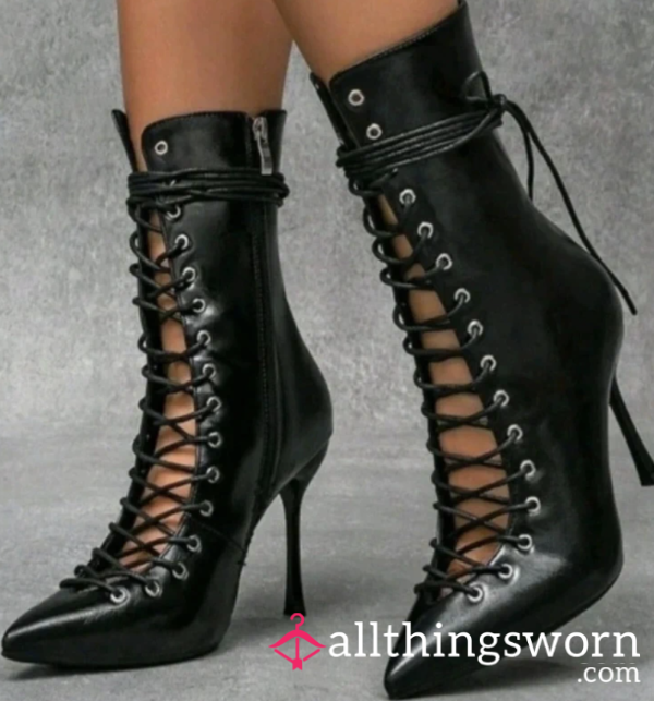 Black Lace-Up Stiletto Boots